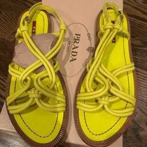Prada Neon Yellow Strappy Leather Flat Sandals